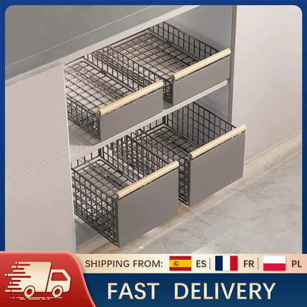 Pull-Out Organizer with Wooden Handle, Push-Pull Retractable Basket for Wardrobe, Folding Sliding Drawer, Dish Drainer for Kitchen/Bathroom Sink