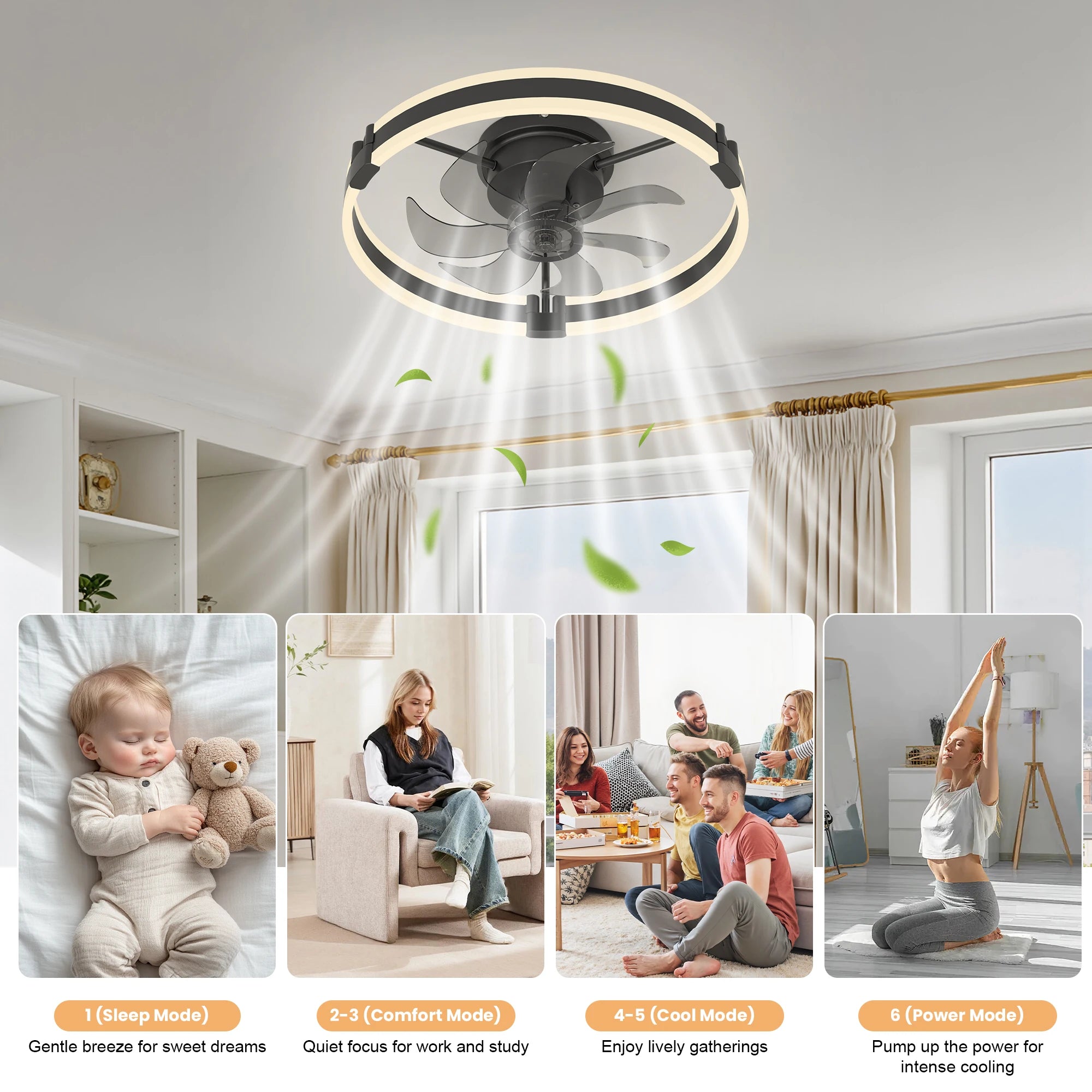 Ventilatore da soffitto a LED con luce, dimmerabile, controllo tramite app, 6 velocità, timer, 3000K-6500K