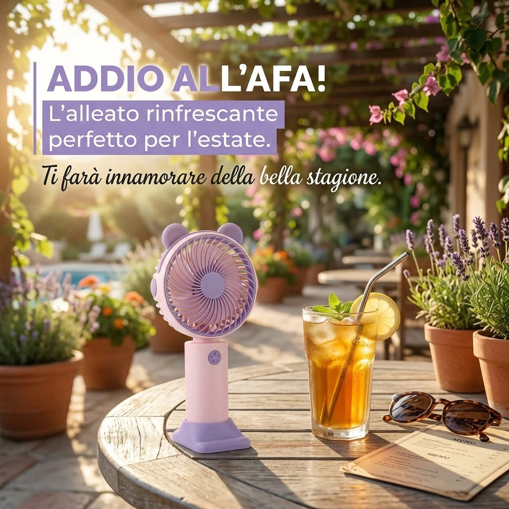 Ventilatore da scrivania mini con orecchie da orsetto, supporto per cellulare integrato, ricarica USB, silenzioso. ideale per scrivania e per guardare serie TV/film.