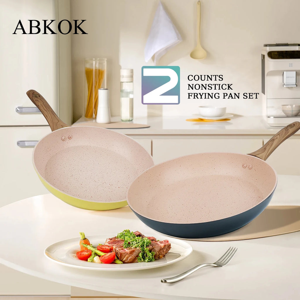 Set di padelle da 2 pezzi, padelle in granito da 9,7 + 11,3 pollici, wok antiaderente con manico in legno, compatibile con tutti i piani cottura.