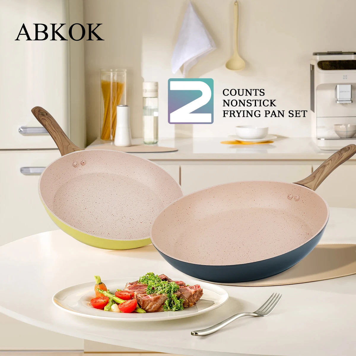 Set di padelle da 2 pezzi, padelle in granito da 9,7 + 11,3 pollici, wok antiaderente con manico in legno, compatibile con tutti i piani cottura.