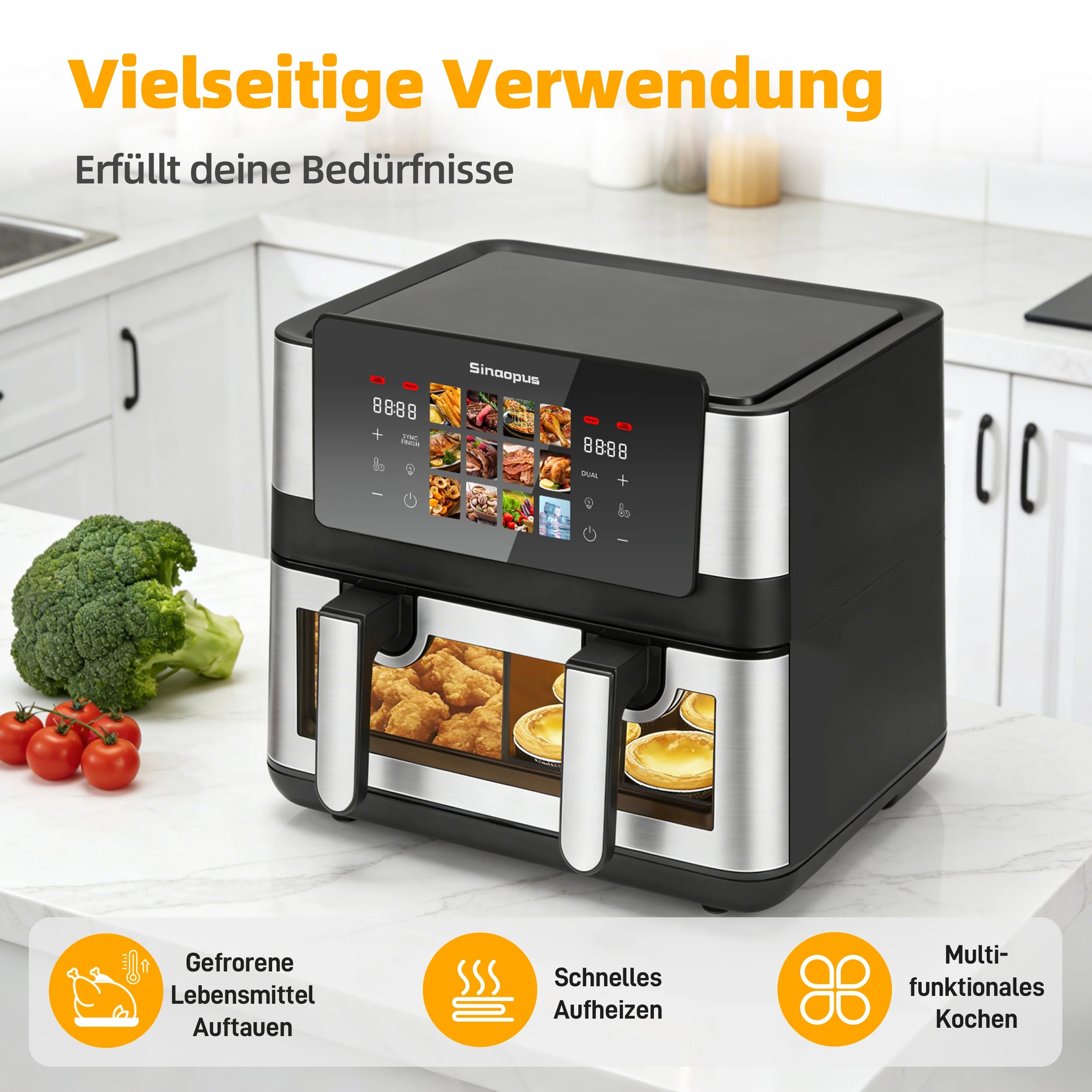 Sinaopus Friggitrice ad Aria Calda 8.5L 2000W con Doppio Cestello, Touch LED, 12 Programmi