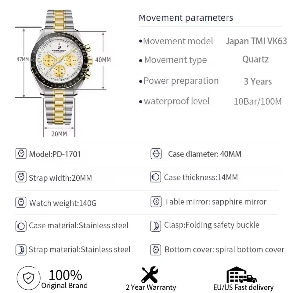 PAGANI DESIGN Orologio da Polso al Quarzo Uomo Modello PD-1701 Cronografo Vetro Zaffiro