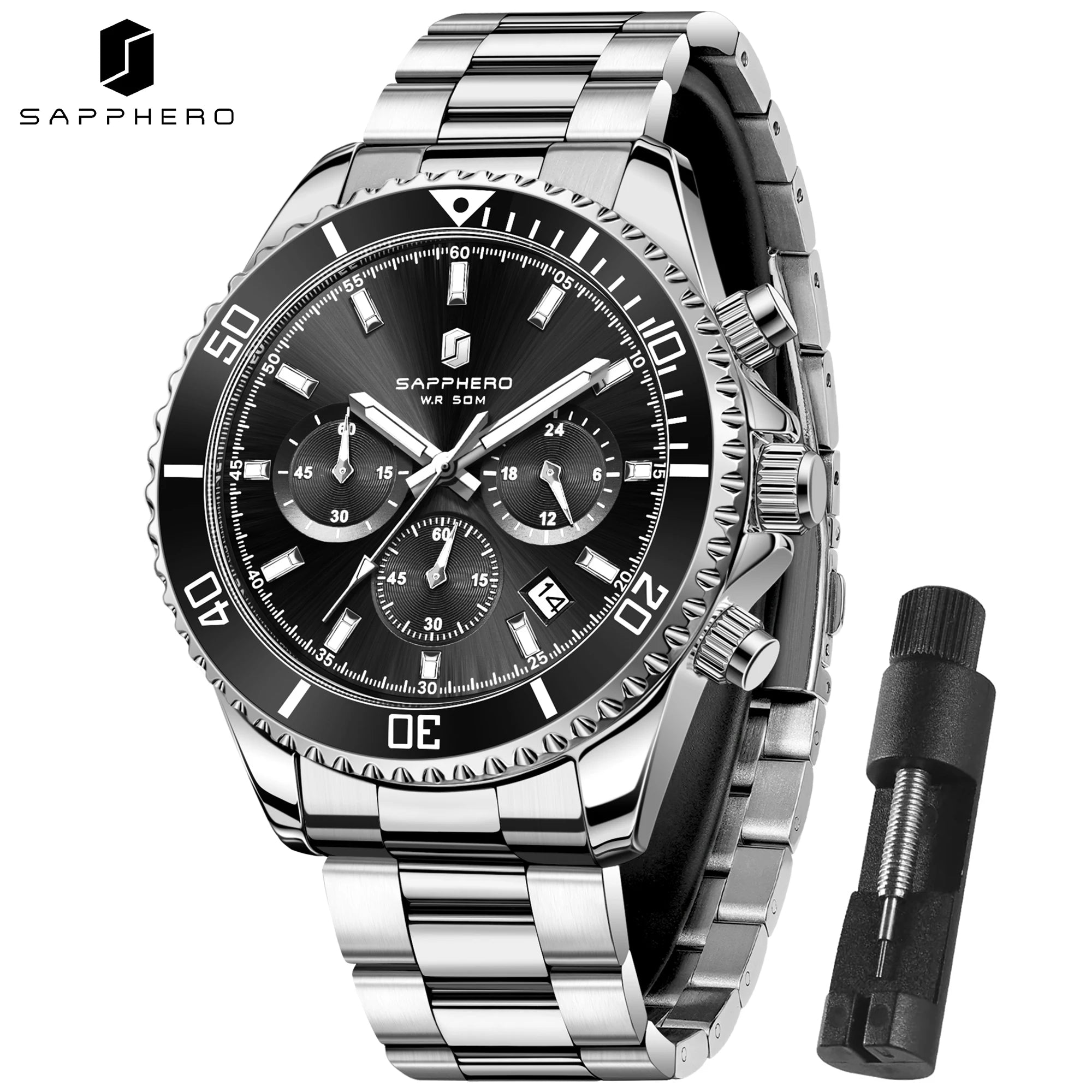SAPPHERO Orologio da Polso Quarzo Uomo Acciaio Inossidabile Impermeabile 50M Cronografo