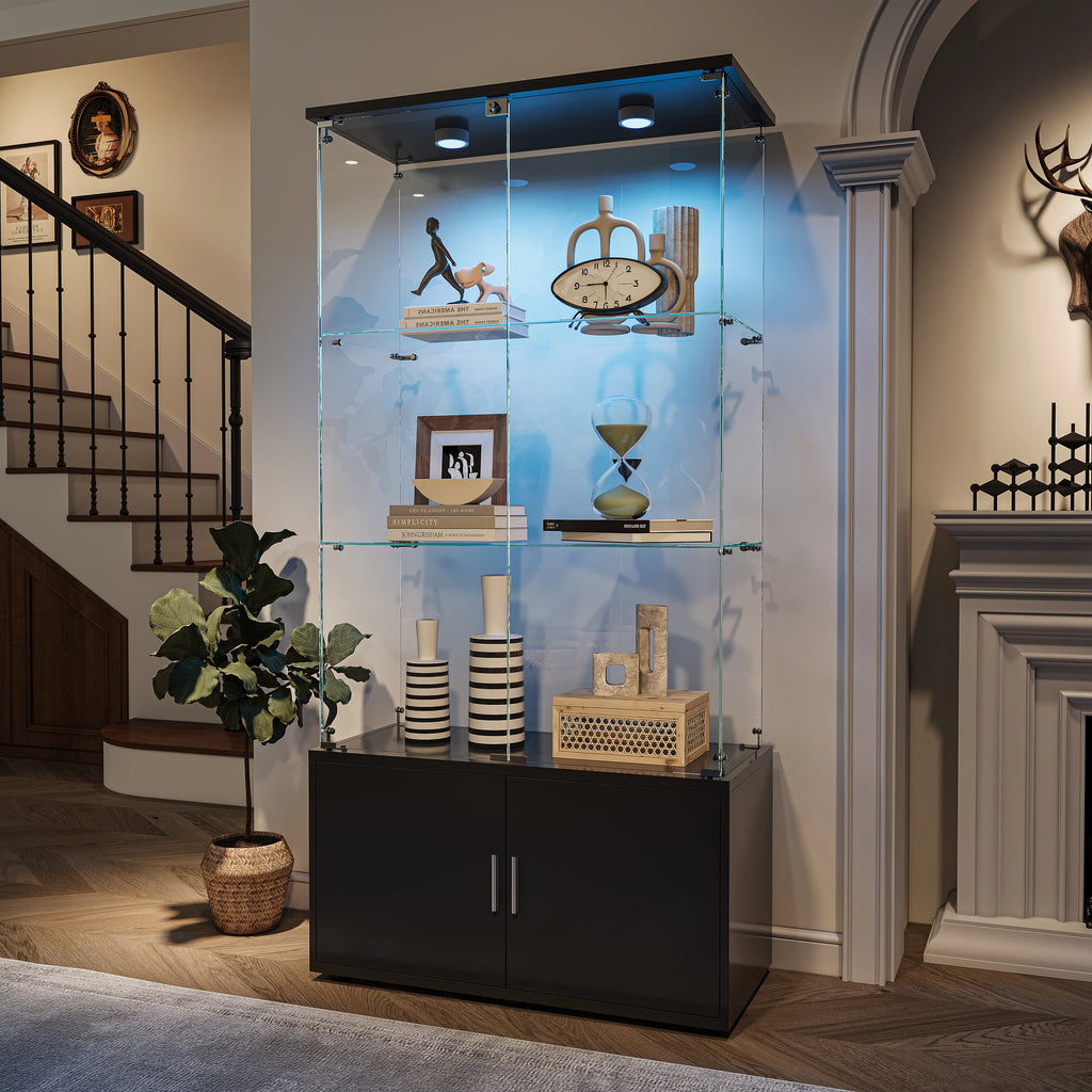 Drei-Etagen-Glasvitrine, Sammlerschrank mit LED-Beleuchtung, Display-Vitrine, Aufbewahrungsschrank und Organizer, geeignet für Wohnzimmer, Schlafzimmer und Büros; Schwarz