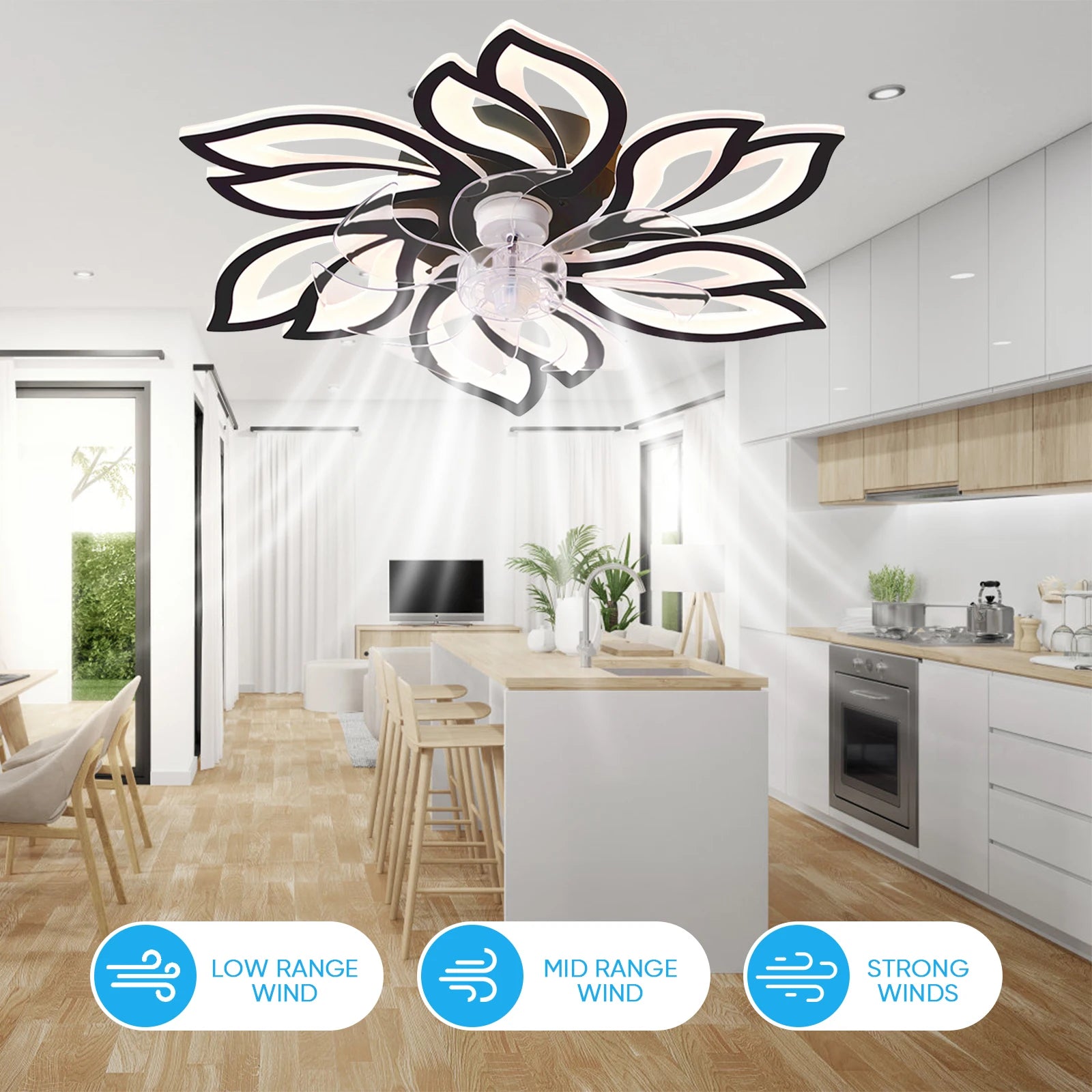 Ventilatore da Soffitto Intelligente con Luce e Controllo APP, Design a Fiore, Dimmerabile, Reversibile, 3 Temperature di Colore, 6 Velocità, Telecomando per Camera da Letto e Soggiorno