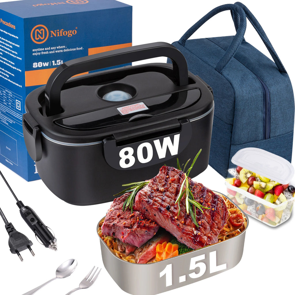 Elektrische Lunchbox 1,5 Liter, 80W, 12V/24V/230V, tragbarer Speisenwärmer für Auto und Zuhause, für warme Mahlzeiten