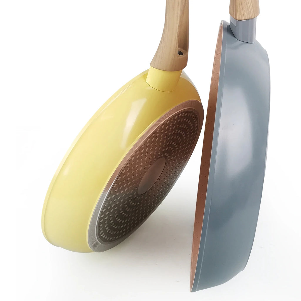 Set di padelle da 2 pezzi, padelle in granito da 9,7 + 11,3 pollici, wok antiaderente con manico in legno, compatibile con tutti i piani cottura.