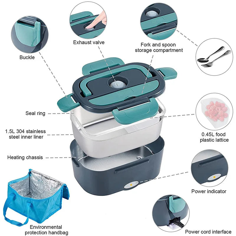 2-in-1 elektrische Edelstahl-Brotdose und Behälterset mit automatischer Heizfunktion, Kühltasche, Gabel, Löffel