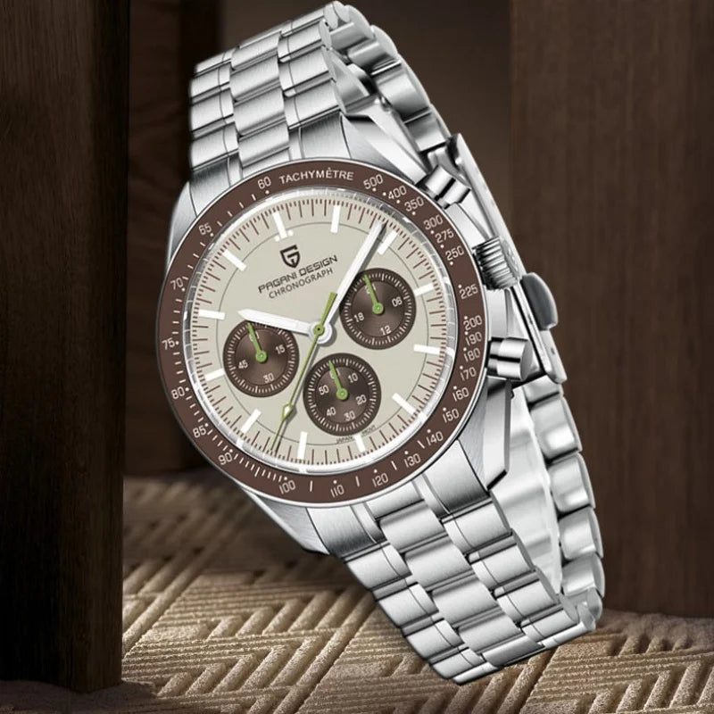 PAGANI DESIGN 2026 Neue Luxus-Herrenuhr mit Saphirglas AR, Sport-Chronograph mit Tachymeter 500 Zifferblatt, aus Edelstahl 316L, leuchtend
