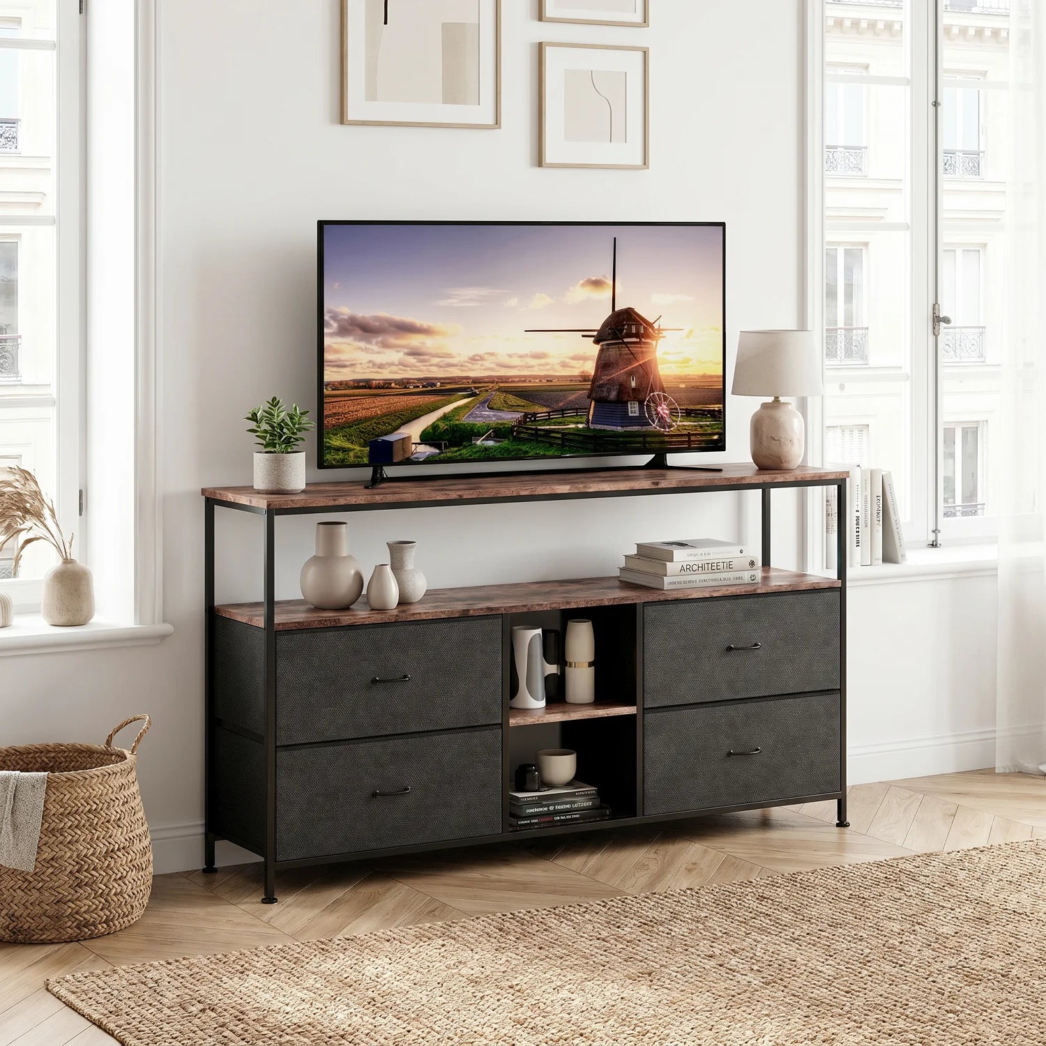Anajqaqia Moderner TV-Ständer mit 4 Schubladen, Aufbewahrungsschrank mit LED-Beleuchtung, Metallrahmen, geeignet für Wohnzimmer und Schlafzimmer, 137 x 30 x 78 cm