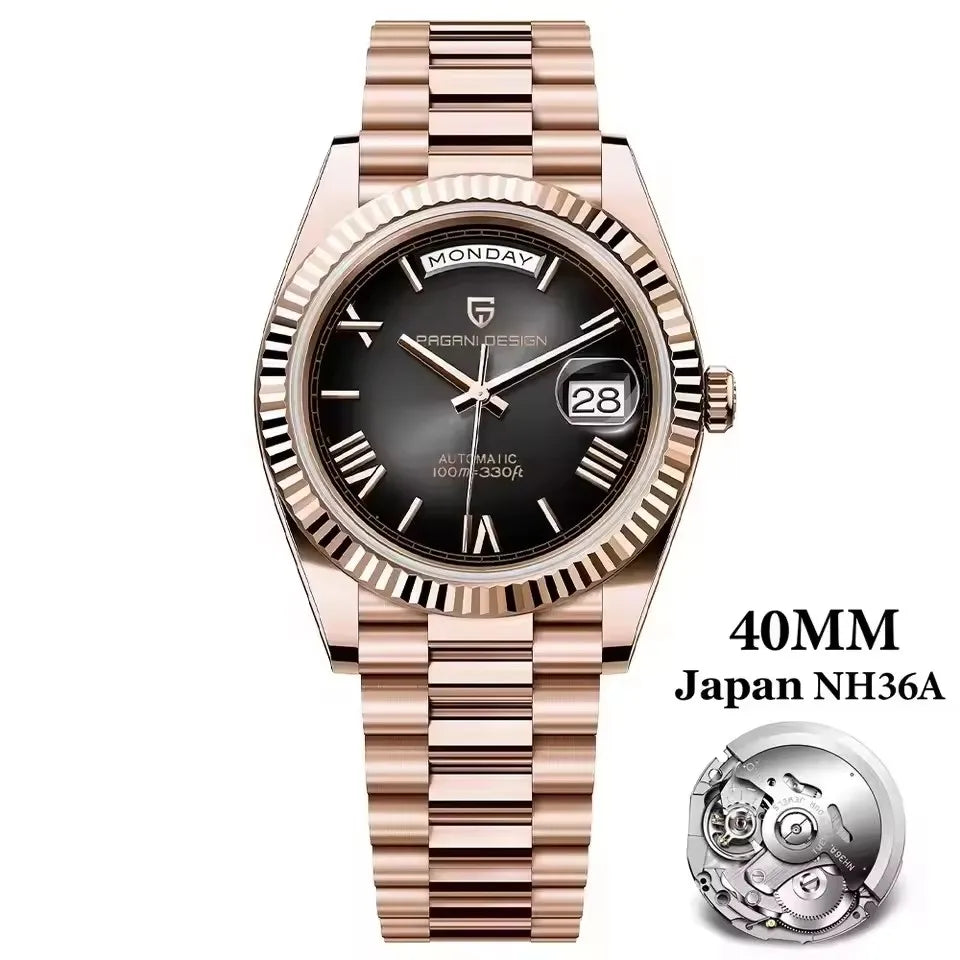 PAGANI DESIGN Neue Herrenuhr 40mm mit Wochenkalender, Edelstahl, wasserdicht 100M, AR Saphirglas, Japanisches Luxus-Uhrwerk