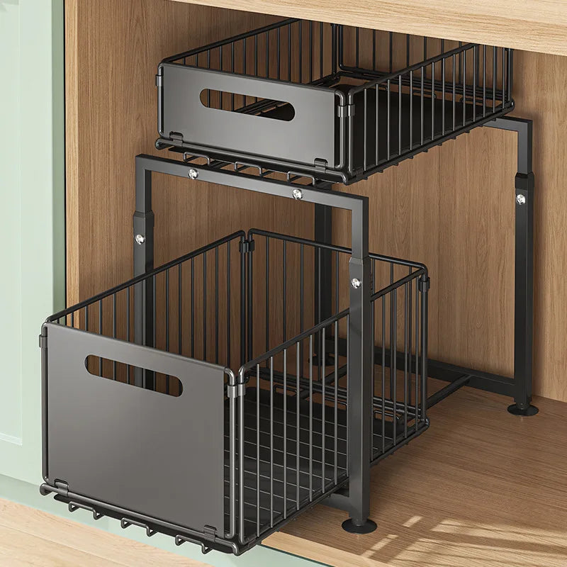 Organizer estraibile sotto il lavandino, scorrevole in altezza regolabile a 2 livelli per armadio da cucina/bagno, ripiano per barattoli di spezie