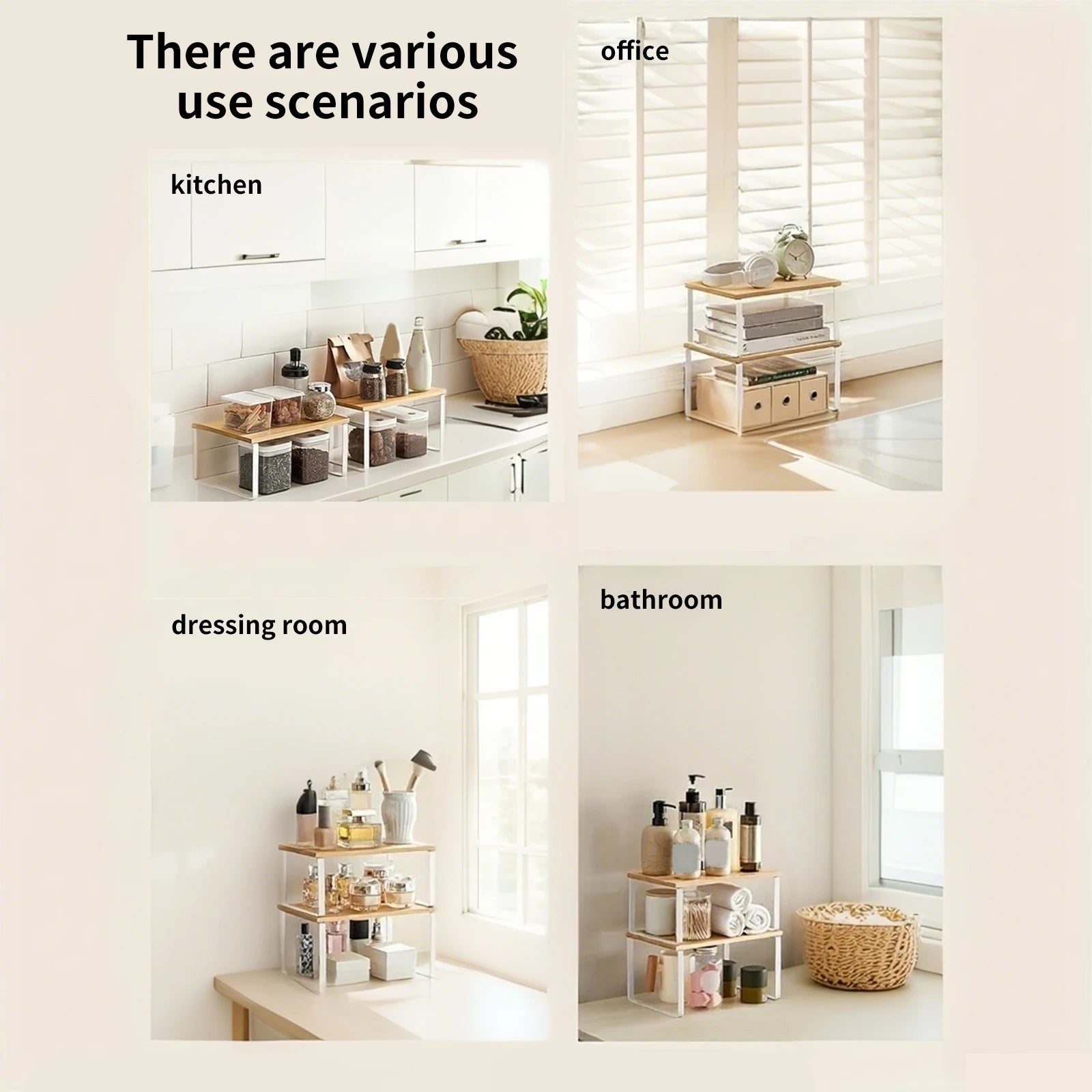 Organizzatore per portaspezie in legno di bambù da 2 pezzi, multiuso, impilabile, per bancone da cucina, supporto per condimenti in metallo per controsoffitto dell'armadio