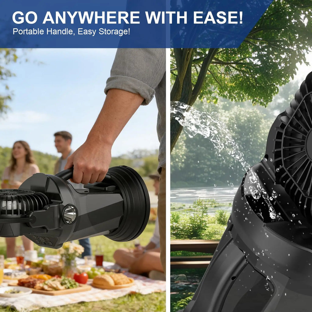 Ventilatore Portatile a Batteria 15.000 mAh con Nebulizzatore, Luce LED, 3 Uscite d'Aria, USB, per Campeggio, Nero