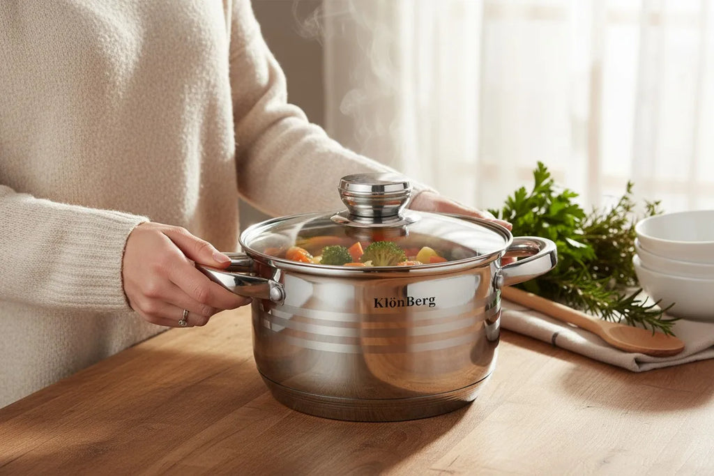 Klönberg Topfset | 12-teiliges Induktions-Kochgeschirr-Set | Edelstahl | Deckel aus gehärtetem Glas | Komfortable Griffe | Verschiedene Größen | Kratzfest | Verarbeitung aus Al