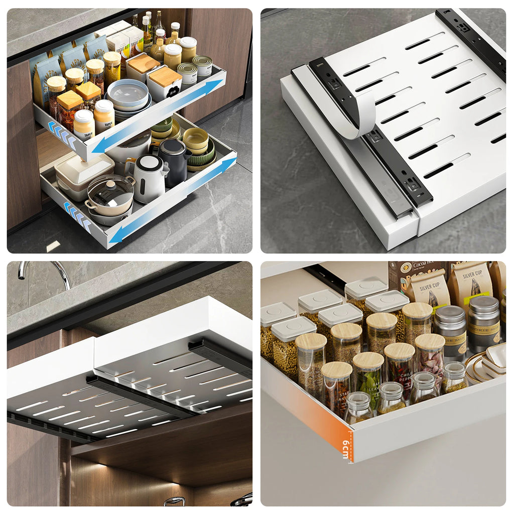 Ausziehbarer Regal-Organizer, ausziehbare Aufbewahrung, Küchen-Organizer, verstellbare Breite von 32 bis 52 cm, bohrfreier Küchenschrank