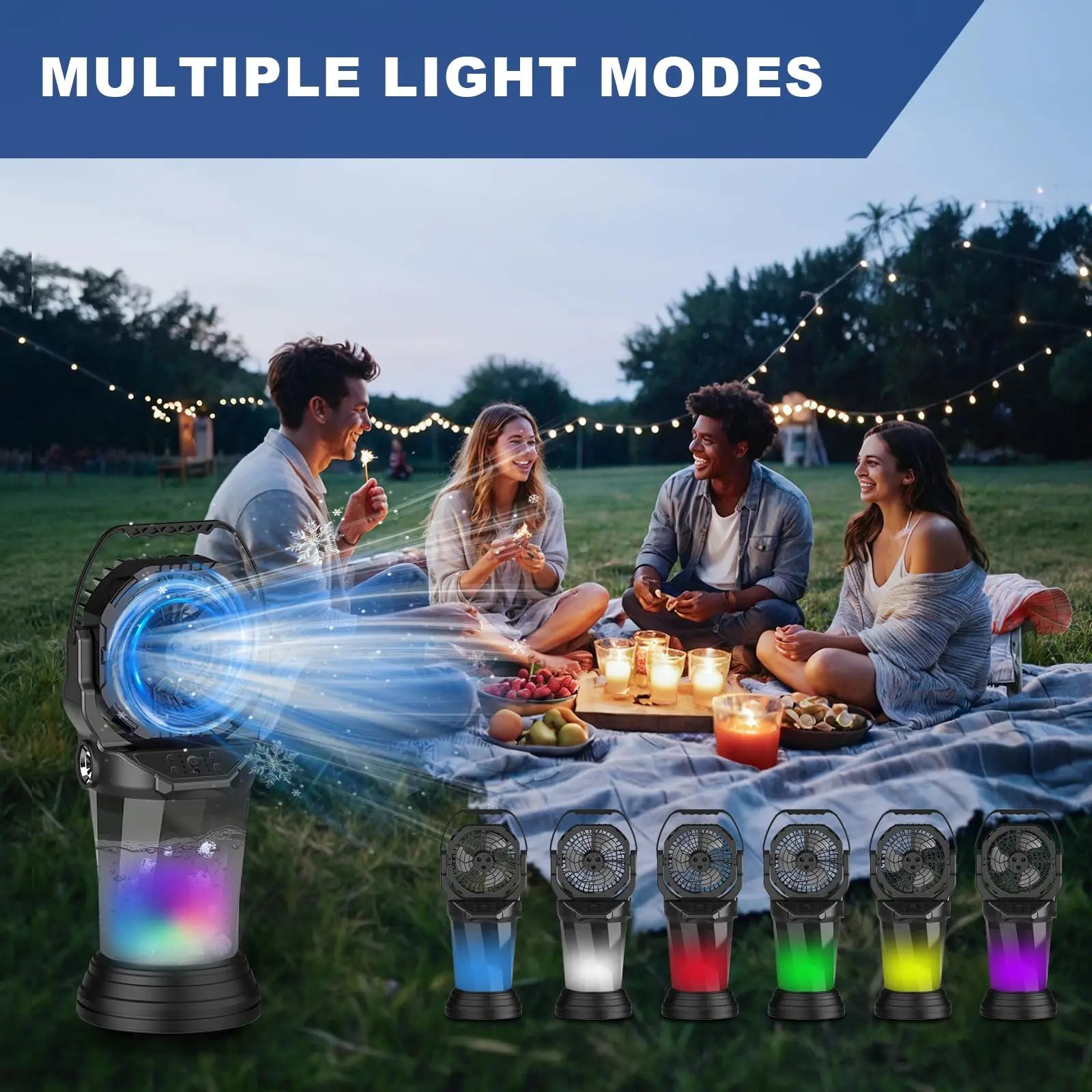Ventilatore Portatile a Batteria 15.000 mAh con Nebulizzatore, Luce LED, 3 Uscite d'Aria, USB, per Campeggio, Nero