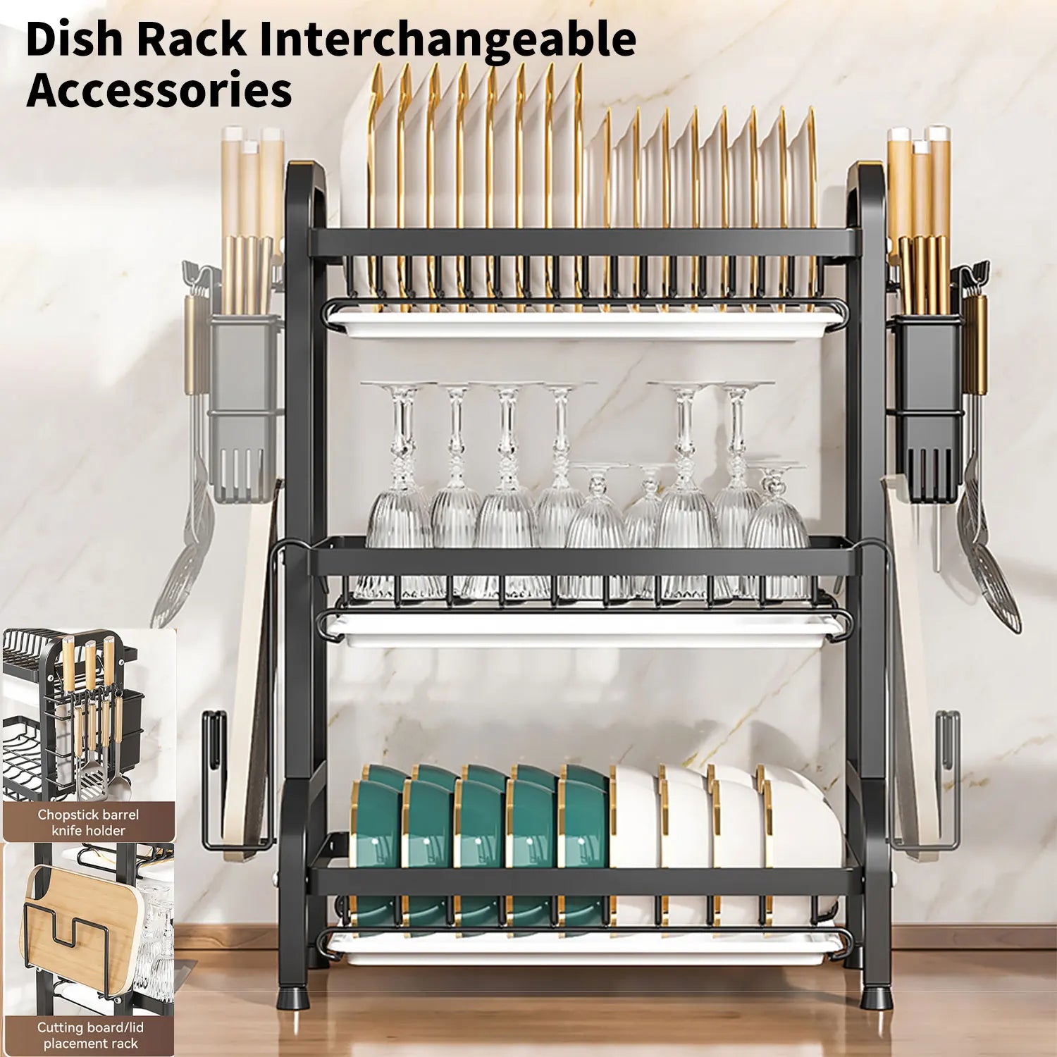 Stendino per piatti Scolapiatti a 3 livelli Scolapiatti Scaffale per piatti antiruggine di grande capacità con portautensili Organizzatore da cucina