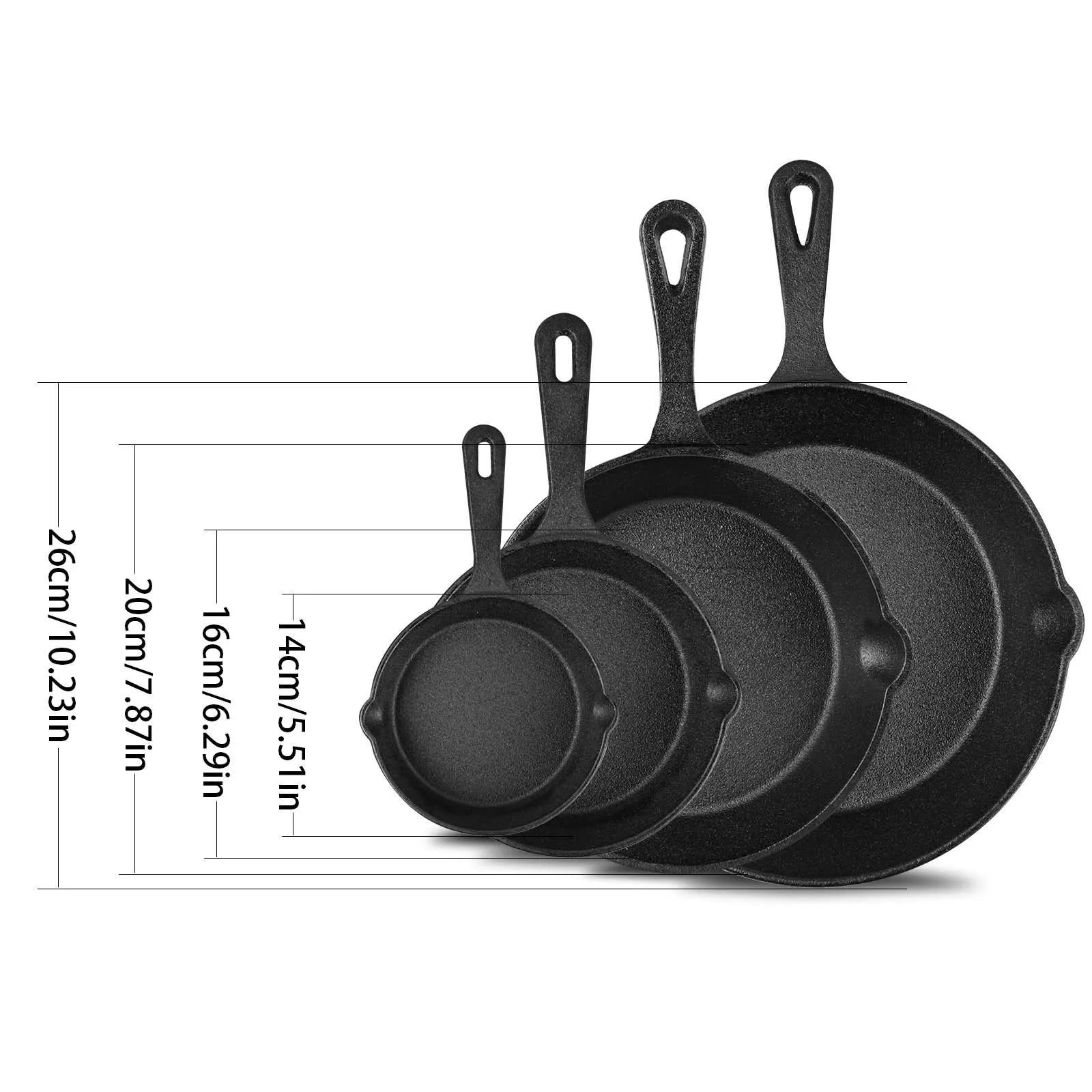 Set di Padelle in Ghisa Antiaderenti, Mini Padelle da 4 Pezzi 4/16/20/26cm, Padella Portatile per Uova e Omelette, per Fornelli a Gas, Induzione e Forno