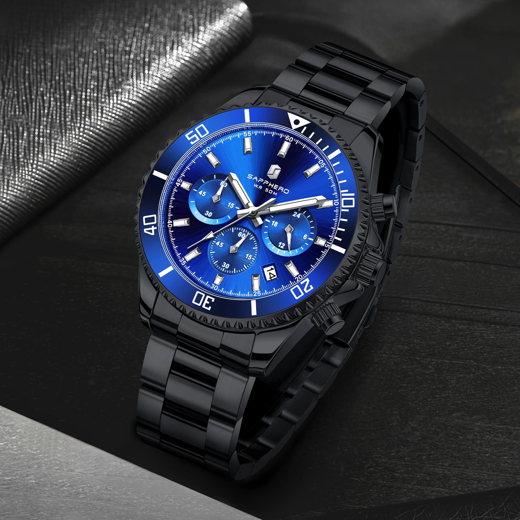 SAPPHERO Orologio Uomo Quarzo Cronografo Sport Acciaio Inossidabile Impermeabile 50M
