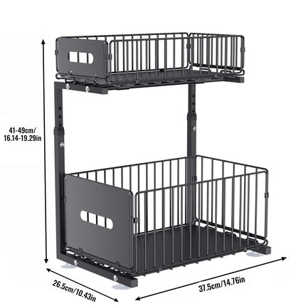 2-Tier Pull-Out Organizer, Height-Adjustable Under-Sink Shelf with Sliding Drawer for Kitchen and Bathroom Cabinets