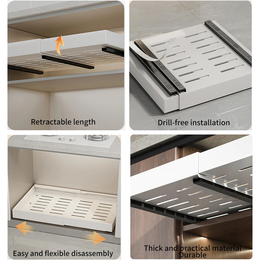 Auszugregal zum Verstauen von Gegenständen, ausziehbare Schublade, Küchen-Organizer, verstellbare Breite von 32 bis 52 cm, Küchenschrank ohne Bohren
