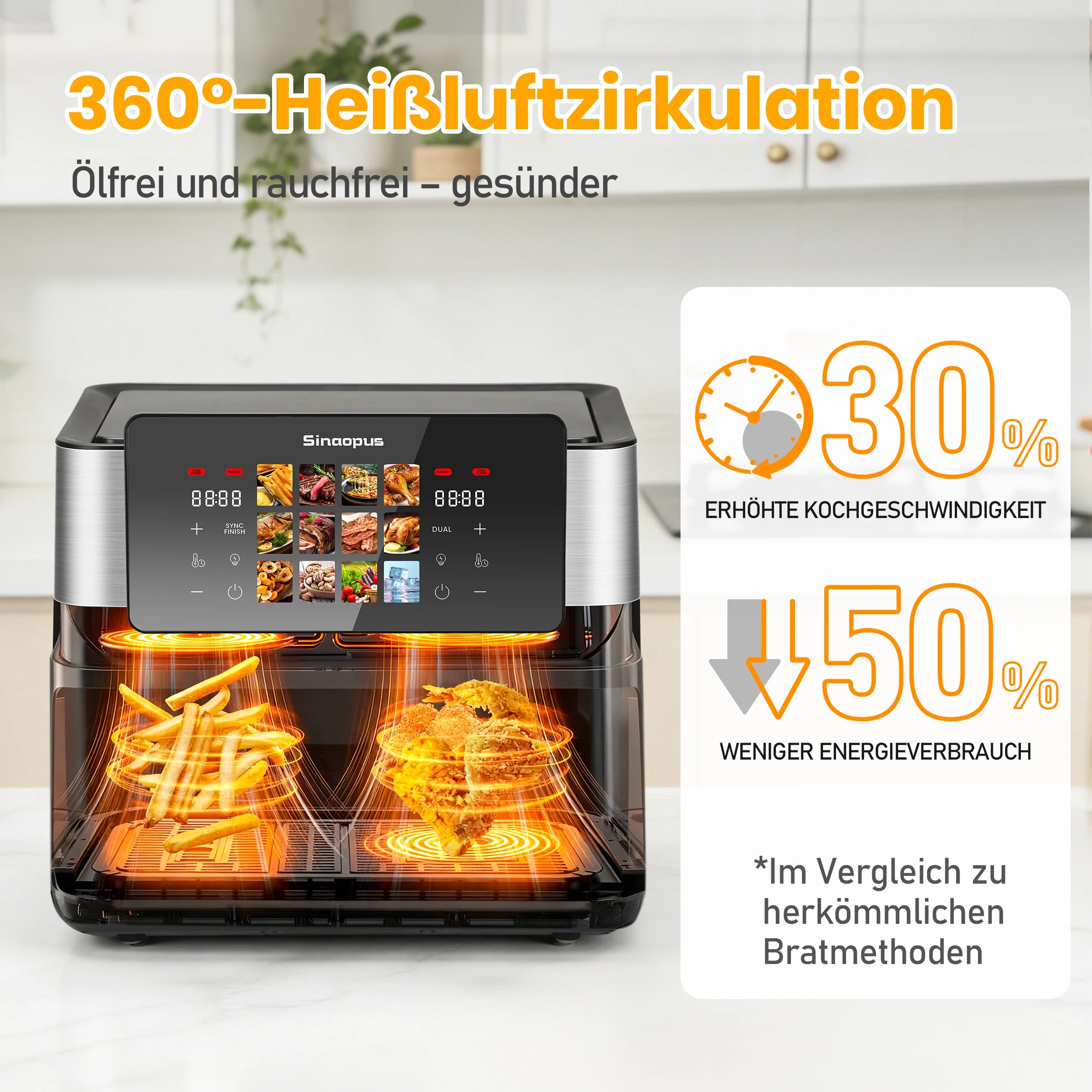 Friggitrice ad Aria 8,5L 2000W con Doppio Cestello, Touchscreen LED, 12 Programmi