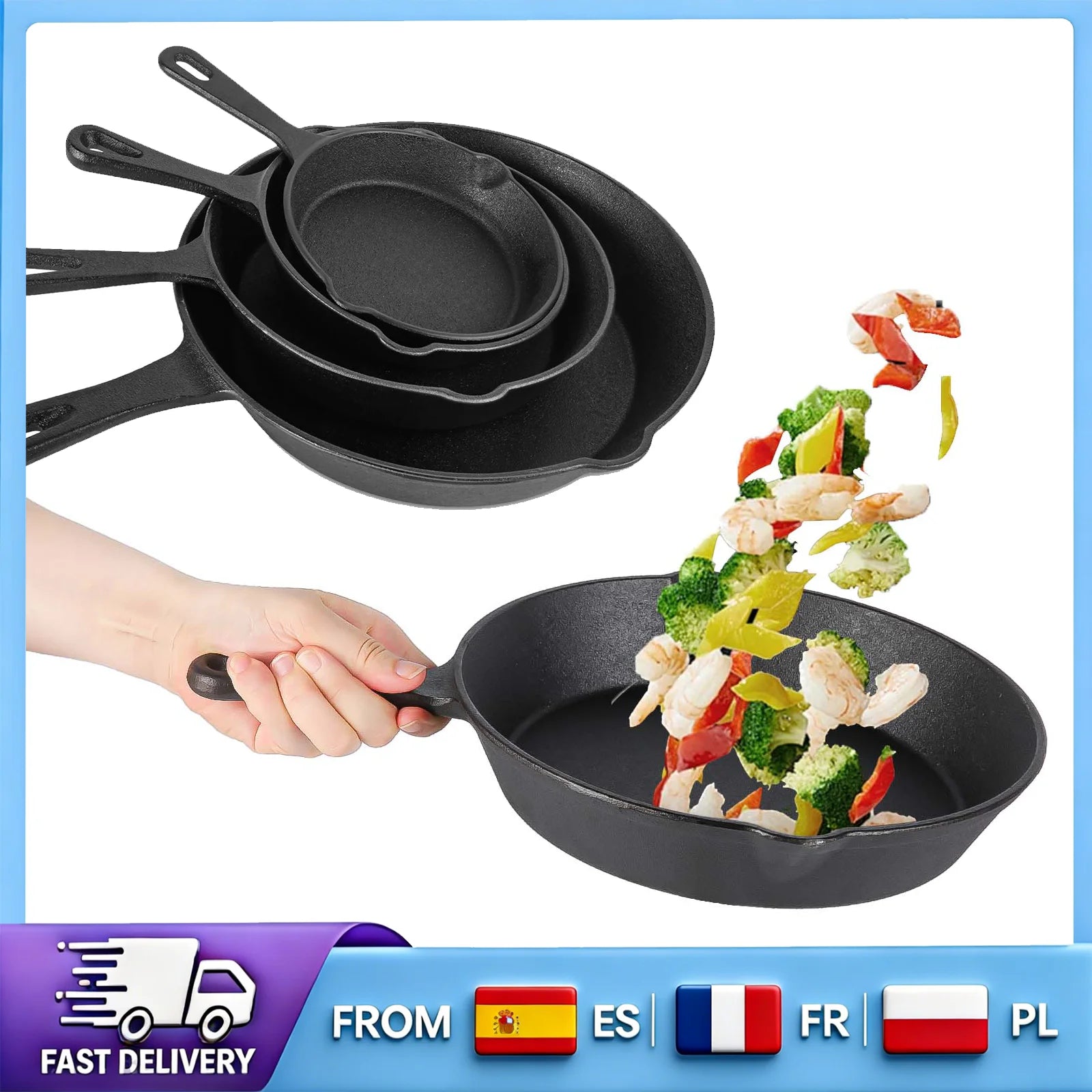 Set di 4 padelle in ghisa non rivestita da 14/16/20/26 cm, compatibili con tutti i tipi di fornelli, padella antiaderente in ghisa resistente per friggere, grigliare e brasare, con distribuzione uniforme del calore.
