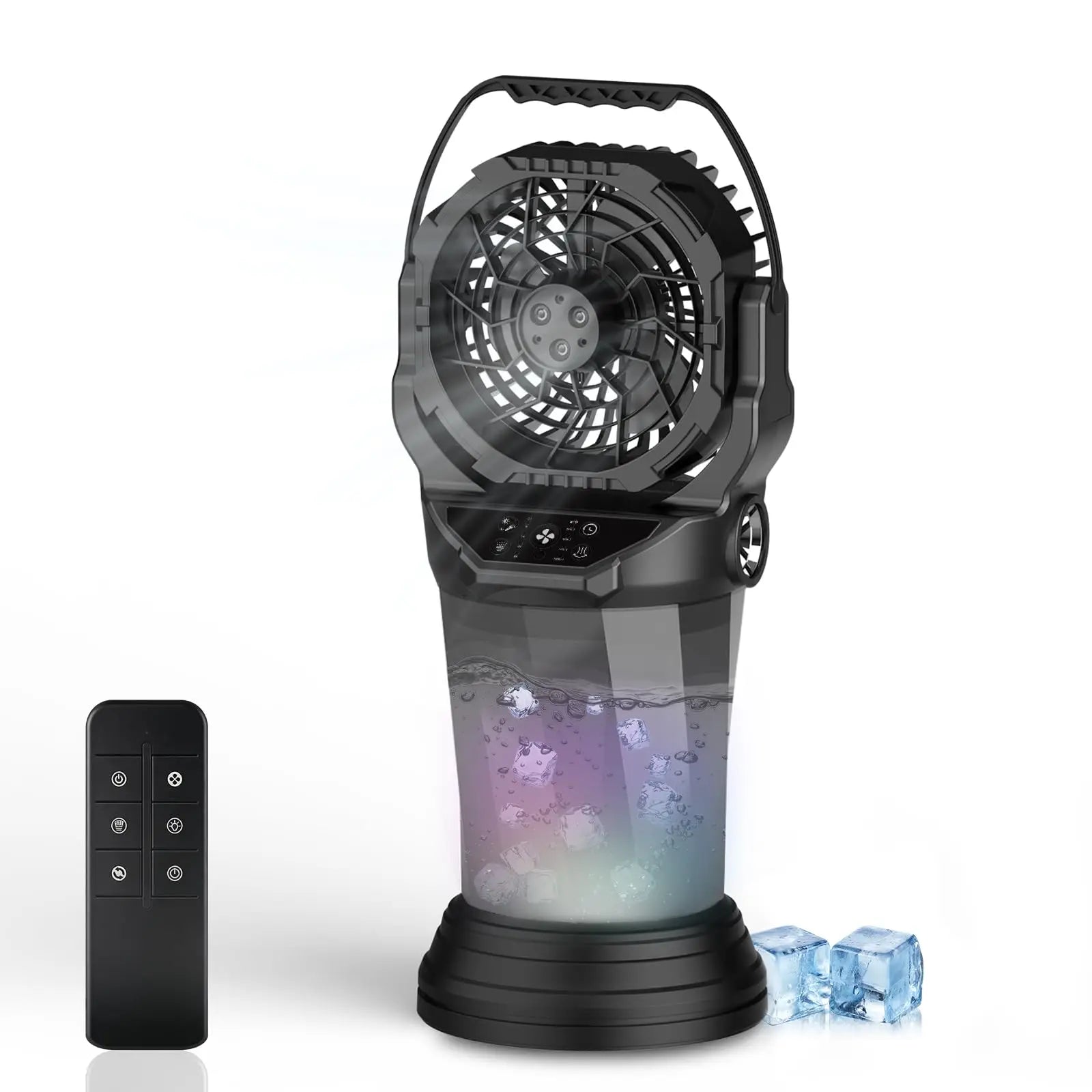 Ventilatore Portatile a Batteria 15.000 mAh con Nebulizzatore, Luce LED, 3 Uscite d'Aria, USB, per Campeggio, Nero