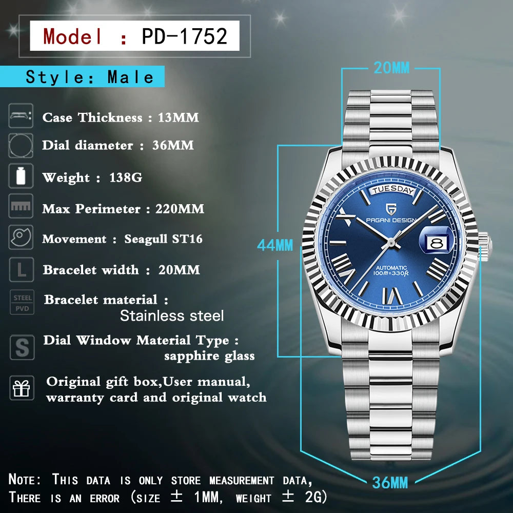 PAGANI DESIGN Herrenuhren Neu D36 Datum, High-End Luxus Automatik-Mechanikuhr, Herrenuhr mit AR Saphirglas, wasserdicht bis 10 Bar