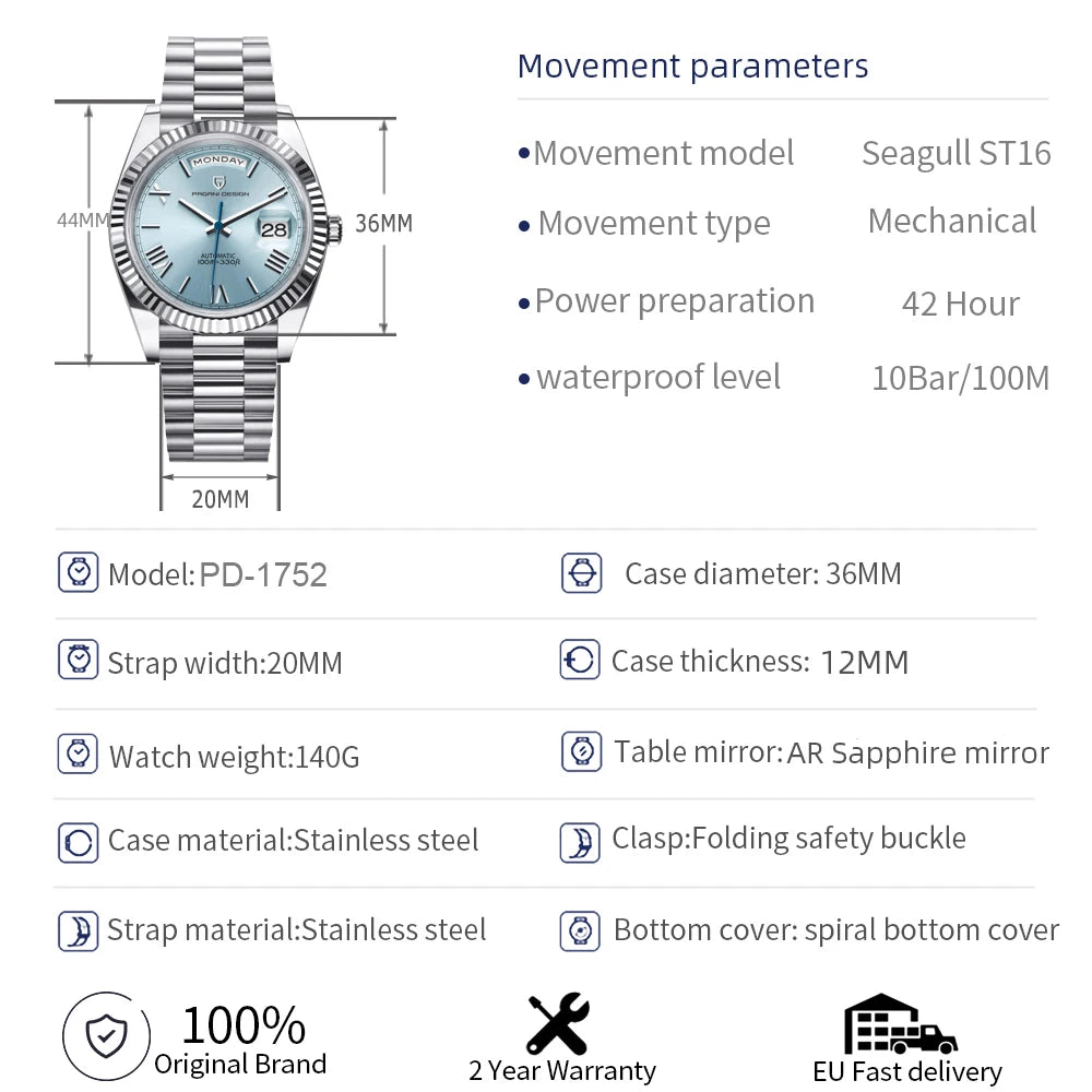 PAGANI DESIGN DD36 2026 Herrenuhren Neue Automatikuhr mit Datums- und Wochentagsanzeige, mechanische Herrenarmbanduhr mit AR-Saphirglas, Herrenuhr aus 316L-Edelstahl, ST16 Uhrwerk, qua