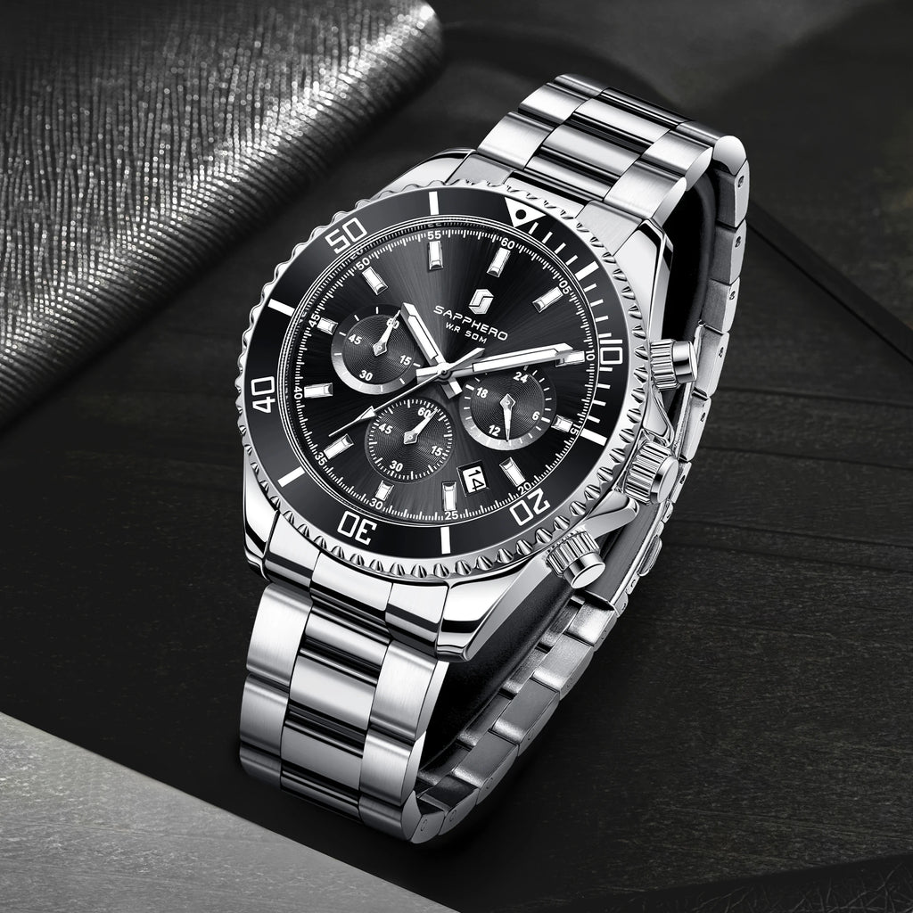 SAPPHERO Orologio da Polso Quarzo Uomo Acciaio Inossidabile Impermeabile 50M Cronografo