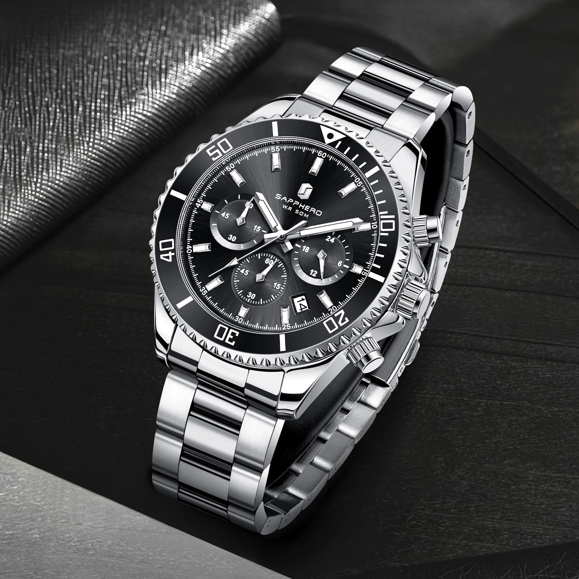 SAPPHERO Orologio da Polso Quarzo Uomo Acciaio Inossidabile Impermeabile 50M Cronografo