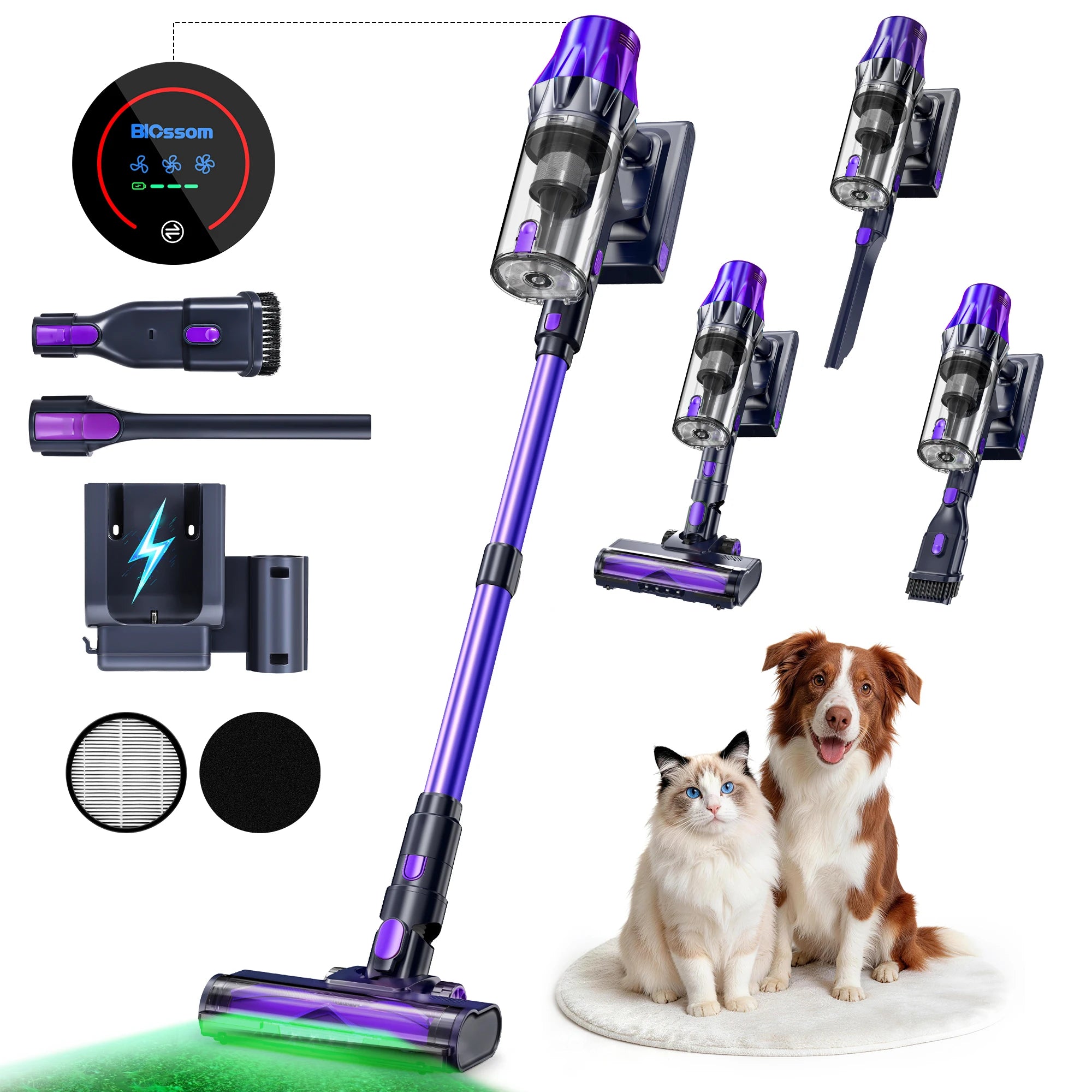 Blossom V20 Akku-Staubsauger, bürstenloser 600W Motor, 55KPA starke Saugkraft, 3-Gang-Einstellung, Voll-Touchscreen, 1,8L großer Staubbehälter, 8-Zellen-Akku, 60 Minuten Laufzeit, Bürste für