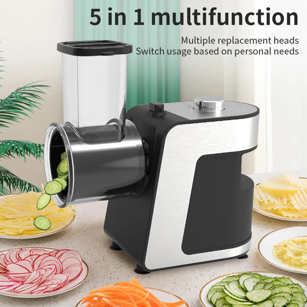 5-in-1 Elektrische Reibe und Gemüsehobel, 500W, für Gemüse und Käse, zerkleinert, hobelt, reibt Käse, Gemüse, Nüsse, Küchenmaschine für den Hausgebrauch