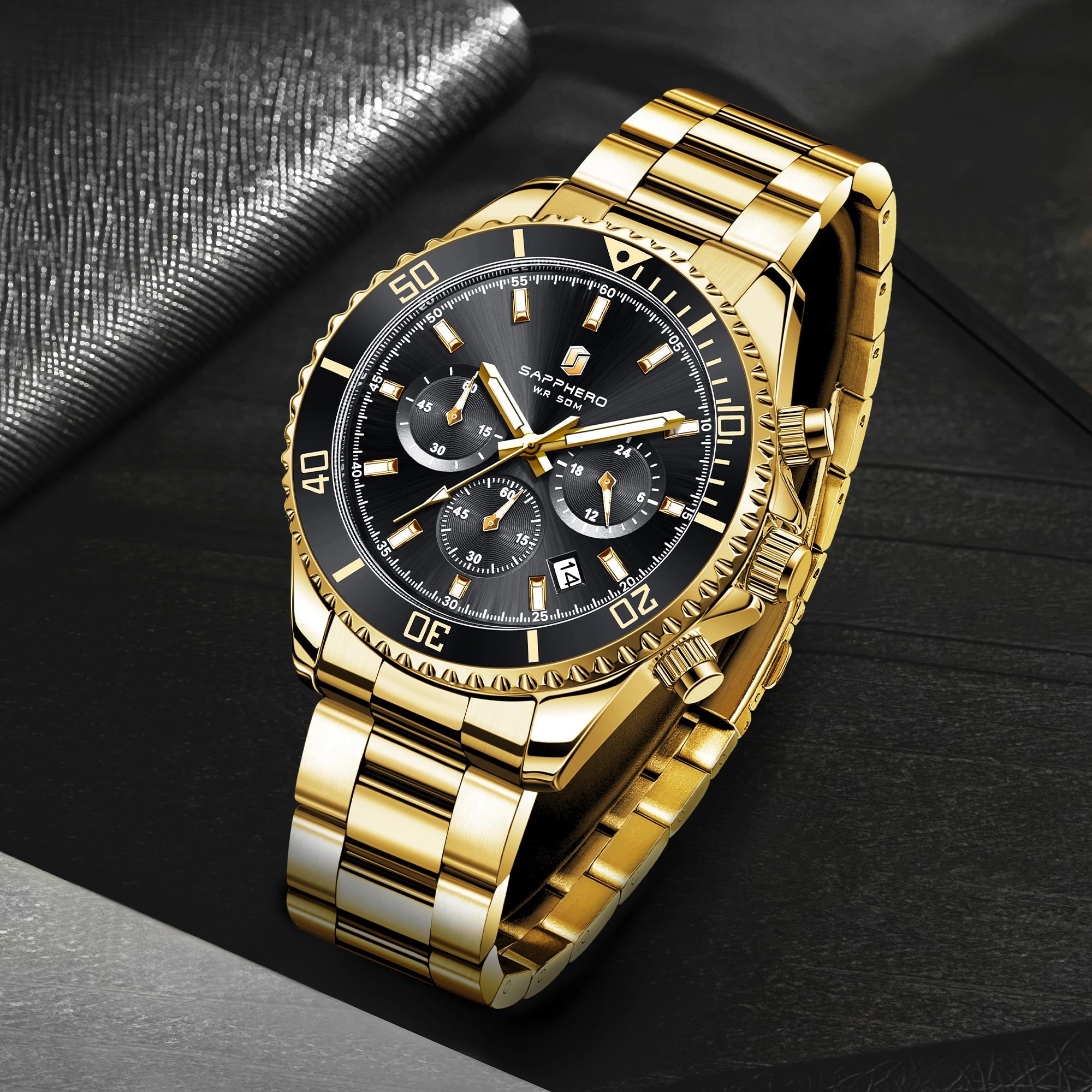 SAPPHERO Orologio da Polso Quarzo Uomo Acciaio Inossidabile Impermeabile 50M Cronografo