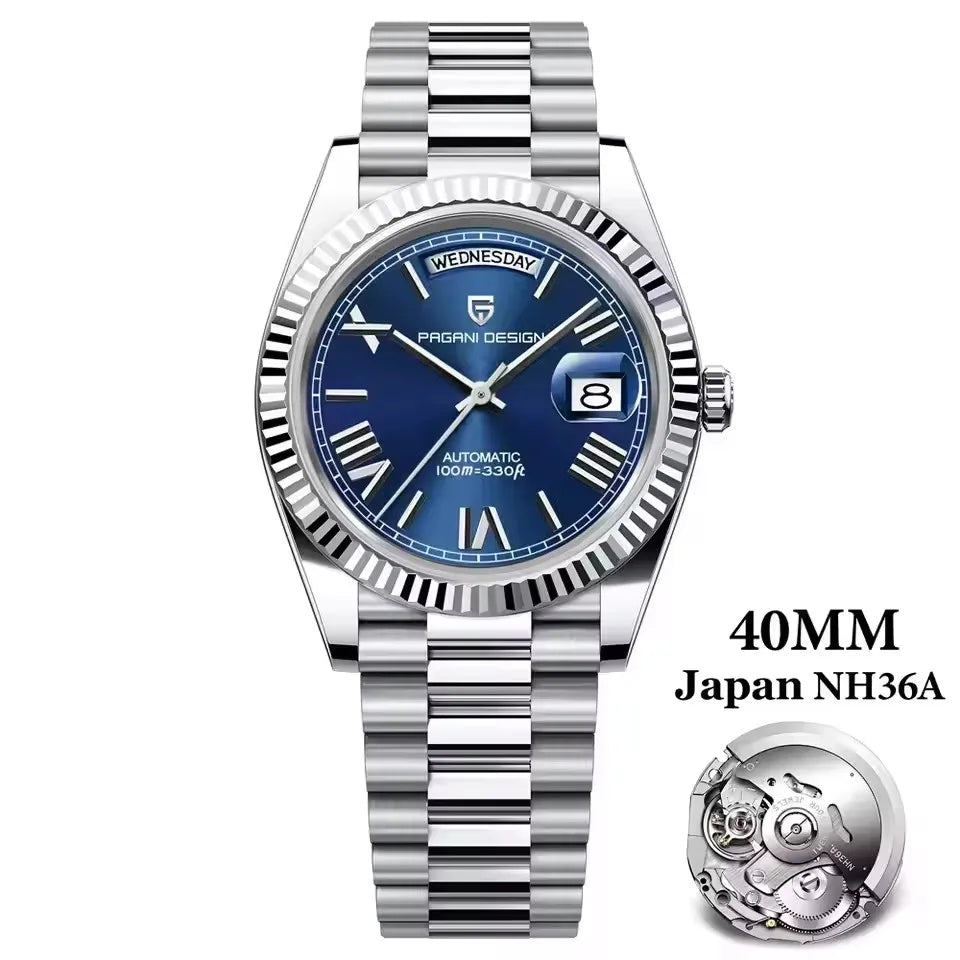 PAGANI DESIGN Neue Herrenuhr 40mm mit Wochenkalender, Edelstahl, wasserdicht 100M, AR Saphirglas, Japanisches Luxus-Uhrwerk