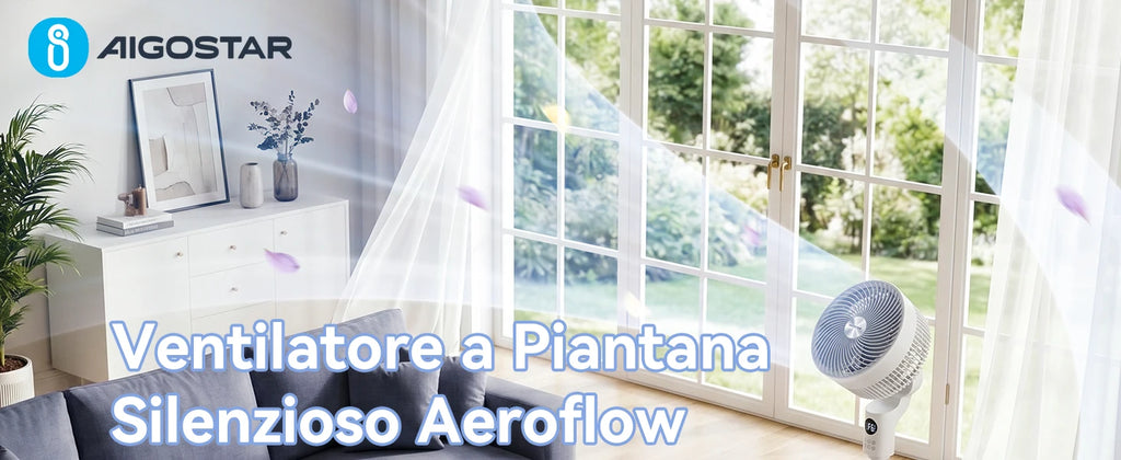 Aigostar Ventilatore a Piantana, 6 Velocità e 3 Modalità Silenzioso, Circolatore d'Aria 3D 850m³/h, Flusso 8m, Timer 12H, Altezza 100cm, Telecomando e Display Touch, Funzion Aroma per Camera e Ufficio