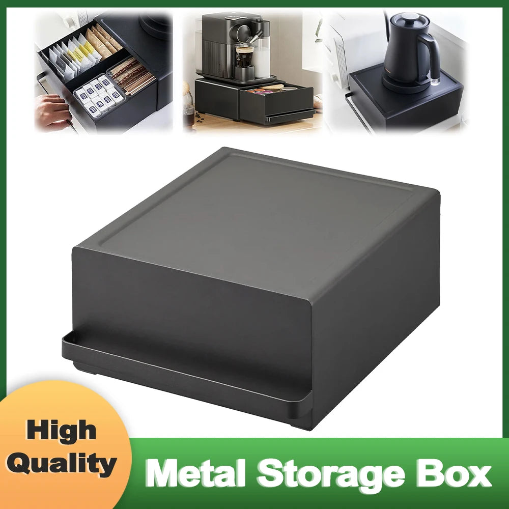 Metall-Aufbewahrungsbox Kaffeemaschinenständer mit Teiler Schublade Ablage Kapselhalter Arbeitsplatten-Organizer Kaffee-Pad-Wasserspenderhalter