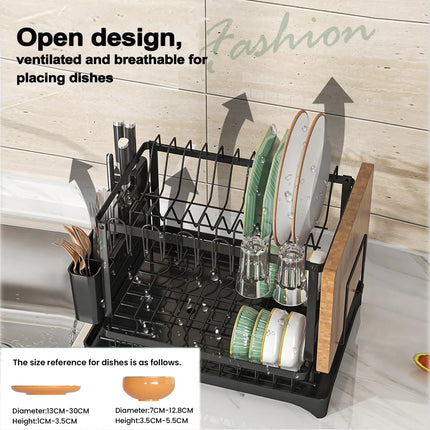 2-Tier Dish Drying Rack Dish Drainer Household Plate Storage Carbon Steel Sink Kitchen Organizer with Cutlery Holder