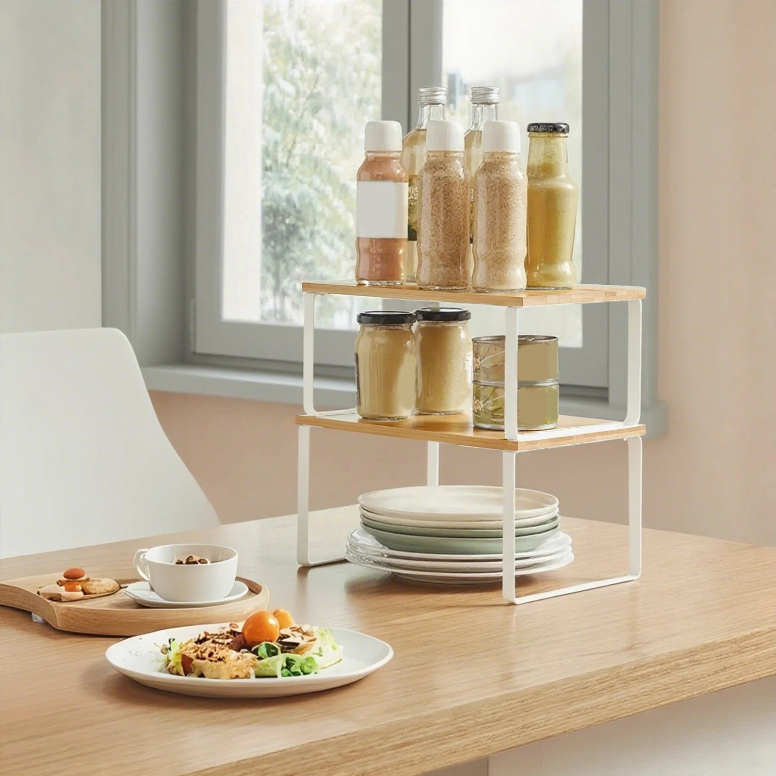 Organizzatore per portaspezie in legno di bambù da 2 pezzi, multiuso, impilabile, per bancone da cucina, supporto per condimenti in metallo per controsoffitto dell'armadio