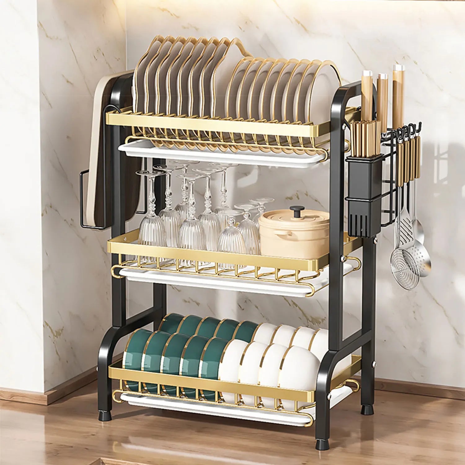 Stendino per piatti Scolapiatti a 3 livelli Scolapiatti Scaffale per piatti antiruggine di grande capacità con portautensili Organizzatore da cucina