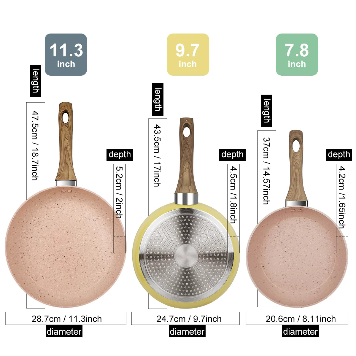 Padella colorata da 20/24/28 cm con manico in legno, padella antiaderente, padelle per frittata per pancake per tutti i fornelli, pentole da cucina per la casa