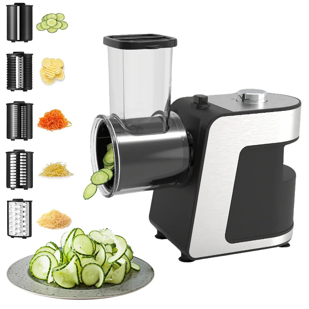 5-in-1 Elektrische Reibe und Gemüsehobel, 500W, für Gemüse und Käse, zerkleinert, hobelt, reibt Käse, Gemüse, Nüsse, Küchenmaschine für den Hausgebrauch