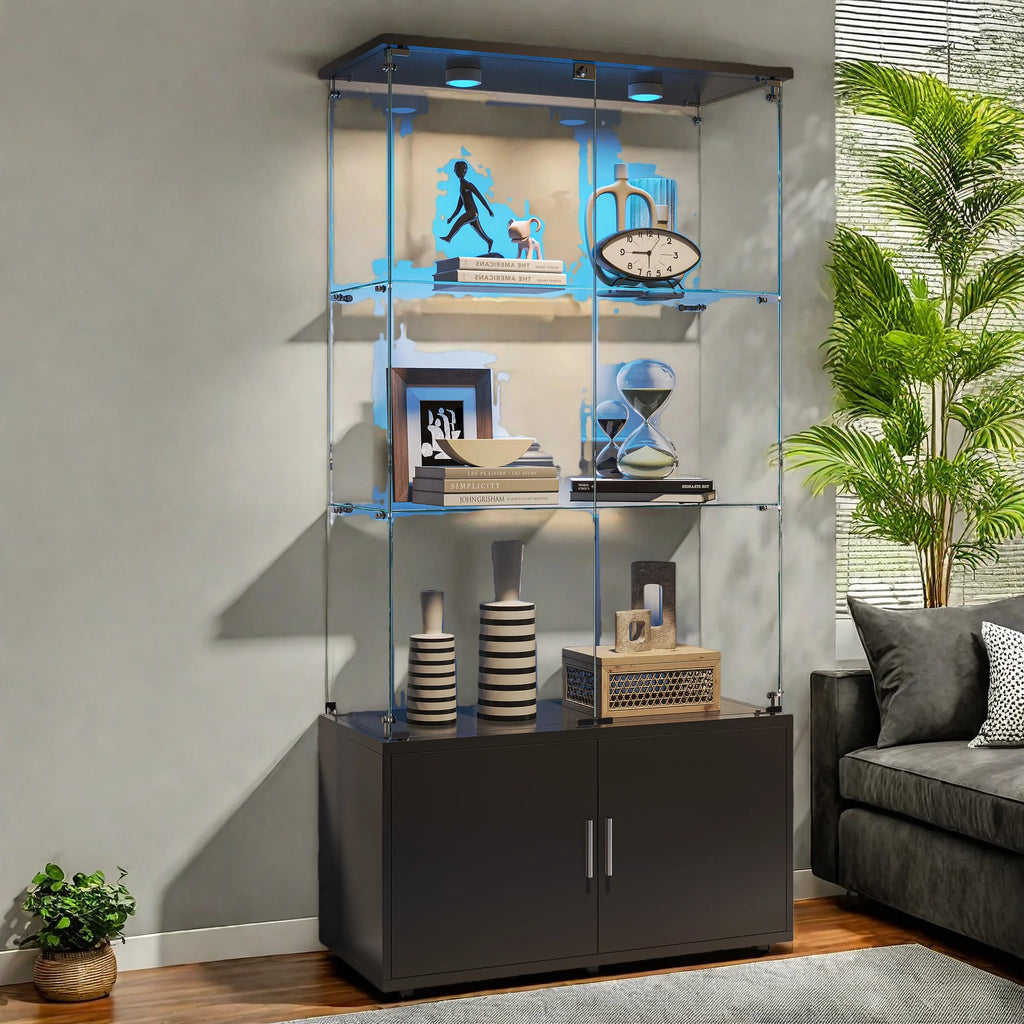 Drei-Etagen-Glasvitrine, Sammlerschrank mit LED-Beleuchtung, Display-Vitrine, Aufbewahrungsschrank und Organizer, geeignet für Wohnzimmer, Schlafzimmer und Büros; Schwarz