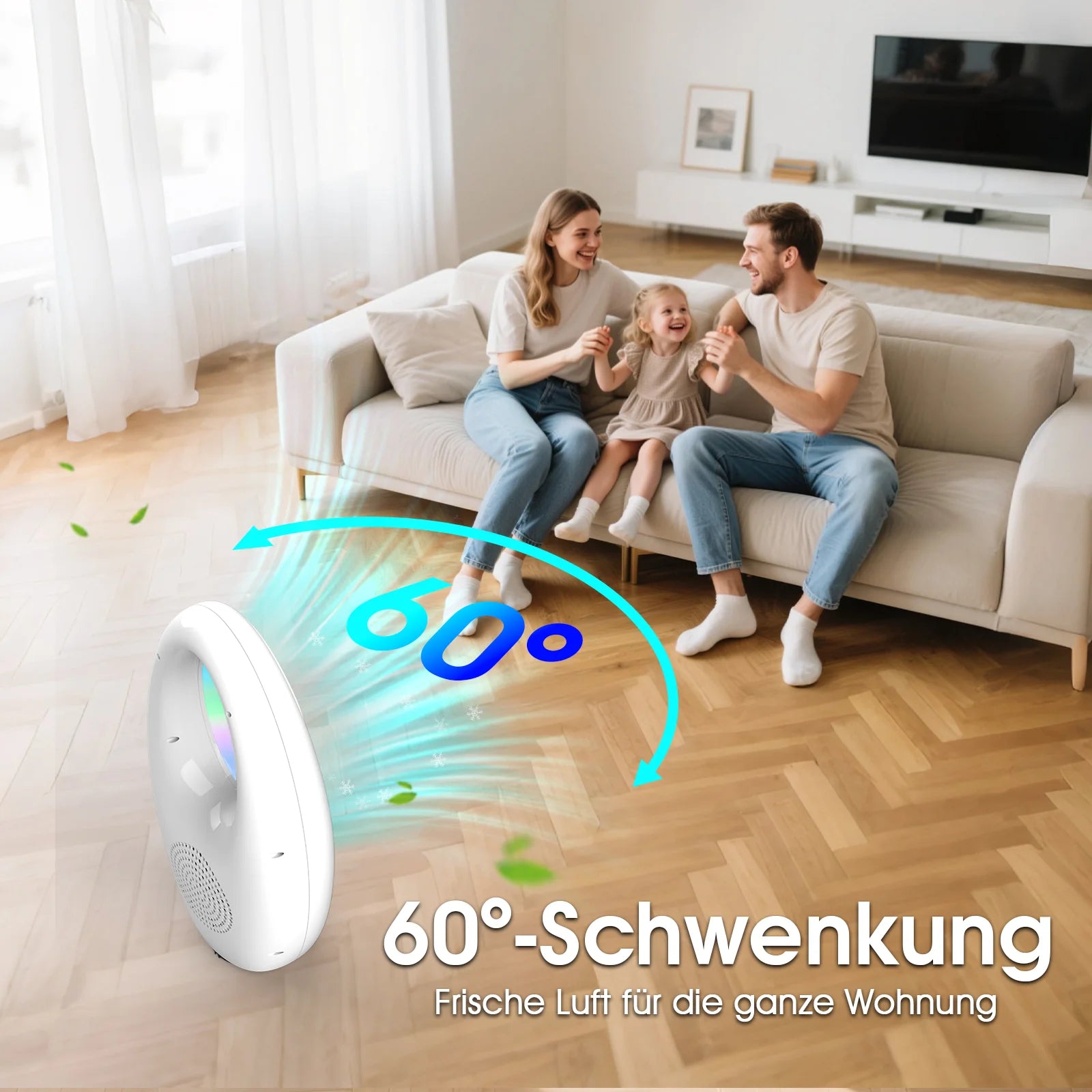 Ventilatore a torre senza pale 3 in 1 con telecomando, 3 velocità del vento, 60 °   Oscillazione, timer, illuminazione d'atmosfera a LED a 4 colori, ventilatore silenzioso da pavimento per camera da letto e soggiorno