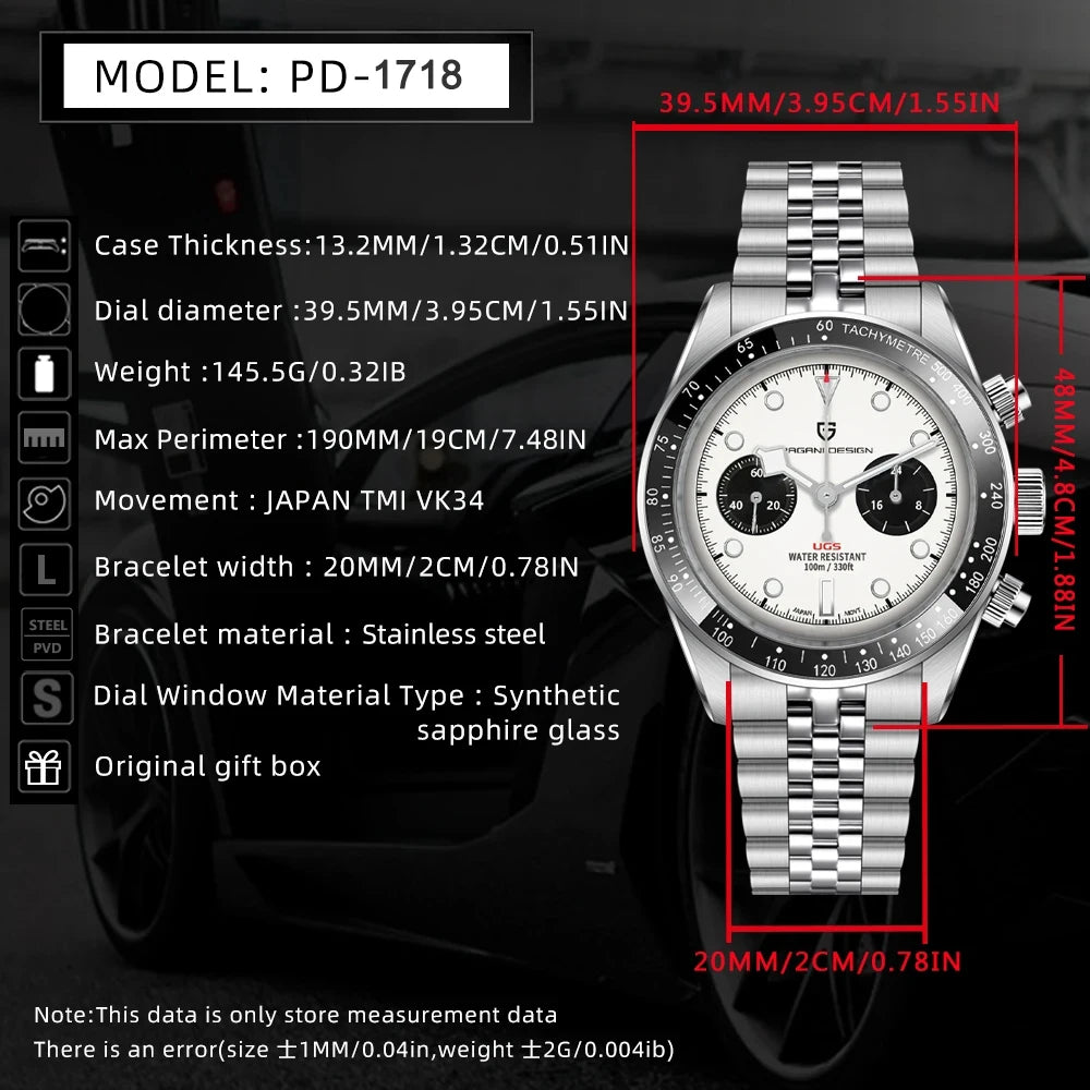 PAGANI DESIGN Orologio da polso al quarzo cronografo uomo, modello Panda, vetro zaffiro, impermeabile 10 bar