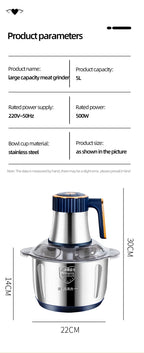 Elektrischer Fleischwolf 5L, Edelstahl-Zerkleinerer, Multifunktionaler Gemüseschneider, Prozessor, Küchenmixer