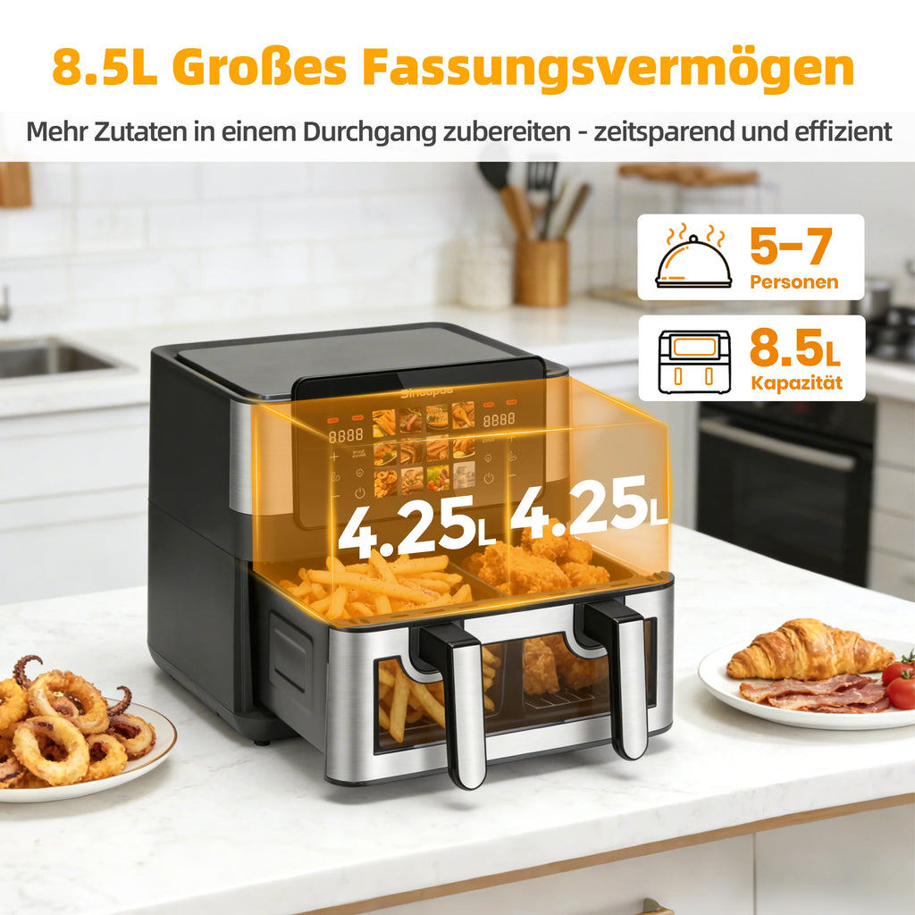Sinaopus Friggitrice ad Aria Calda 8.5L 2000W con Doppio Cestello, Touch LED, 12 Programmi